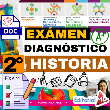 Colorido póster educativo en español para un examen de diagnóstico de historia de 2º curso, con iconos, material escolar, una lista de comprobación y un niño sonriente. El diseño destaca el formato editable y varios campos de aprendizaje.