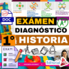 Colorido póster educativo para un examen diagnóstico de historia de 1º curso, con iconos, material escolar y "EXÁMEN DIAGNÓSTICO 1° HISTORIA" en texto en negrita, con el logotipo de Editorial MD y un símbolo "A+".