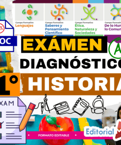 Colorido póster educativo para un examen diagnóstico de historia de 1º curso, con iconos, material escolar y "EXÁMEN DIAGNÓSTICO 1° HISTORIA" en texto en negrita, con el logotipo de Editorial MD y un símbolo "A+".