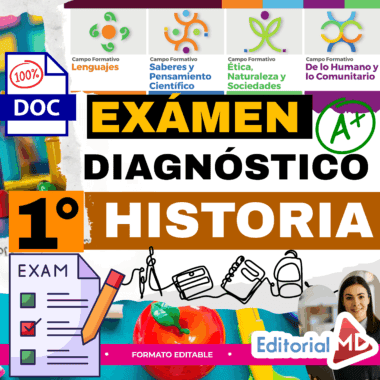Colorido póster educativo para un examen diagnóstico de historia de 1º curso, con iconos, material escolar y "EXÁMEN DIAGNÓSTICO 1° HISTORIA" en texto en negrita, con el logotipo de Editorial MD y un símbolo "A+".