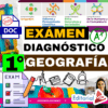 Gráfico educativo en color para un examen de diagnóstico de geografía de 1º curso, con texto en negrita, iconos, marcas de verificación, imágenes científicas y el logotipo de Editorial MD. En la parte superior aparecen varias asignaturas.