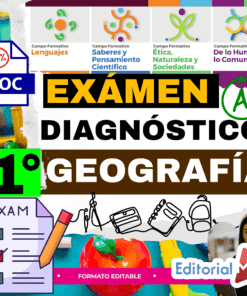 Gráfico educativo en color para un examen de diagnóstico de geografía de 1º curso, con texto en negrita, iconos, marcas de verificación, imágenes científicas y el logotipo de Editorial MD. En la parte superior aparecen varias asignaturas.