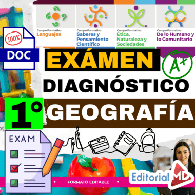 Gráfico educativo en color para un examen de diagnóstico de geografía de 1º curso, con texto en negrita, iconos, marcas de verificación, imágenes científicas y el logotipo de Editorial MD. En la parte superior aparecen varias asignaturas.