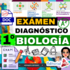 Gráfico educativo a todo color para un examen de diagnóstico de biología de 1º curso, con texto en negrita, iconos, una marca "A+", listas de control, símbolos de examen y material de clase. Incluye el logotipo de Editorial MD y categorías de asignaturas.