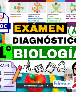 Gráfico educativo a todo color para un examen de diagnóstico de biología de 1º curso, con texto en negrita, iconos, una marca "A+", listas de control, símbolos de examen y material de clase. Incluye el logotipo de Editorial MD y categorías de asignaturas.