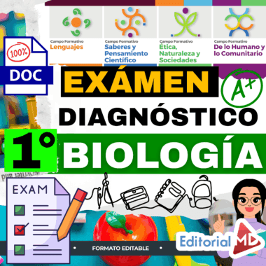 Gráfico educativo a todo color para un examen de diagnóstico de biología de 1º curso, con texto en negrita, iconos, una marca "A+", listas de control, símbolos de examen y material de clase. Incluye el logotipo de Editorial MD y categorías de asignaturas.
