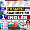 Gráfico colorido con texto: "EXÁMEN DIAGNÓSTICO 1° INGLÉS", iconos de campos educativos, una lista de control con la etiqueta "EXAMEN" y material escolar artístico de fondo. Los logotipos de Editorial MD y "formato editable" están presentes.