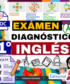 Gráfico colorido con texto: "EXÁMEN DIAGNÓSTICO 1° INGLÉS", iconos de campos educativos, una lista de control con la etiqueta "EXAMEN" y material escolar artístico de fondo. Los logotipos de Editorial MD y "formato editable" están presentes.