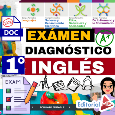 Gráfico colorido con texto: "EXÁMEN DIAGNÓSTICO 1° INGLÉS", iconos de campos educativos, una lista de control con la etiqueta "EXAMEN" y material escolar artístico de fondo. Los logotipos de Editorial MD y "formato editable" están presentes.