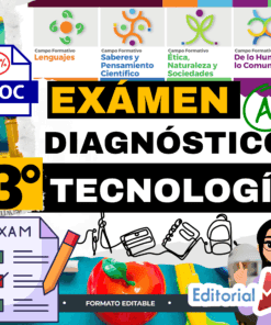 Colorida portada para un examen de diagnóstico tecnológico de 3º de primaria, con iconos, texto en español, imágenes educativas y el logotipo de Editorial MD. El diseño incluye listas de control y un gran título "EXÁMEN DIAGNÓSTICO".