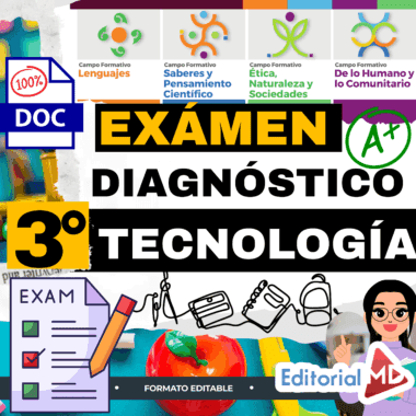 Colorida portada para un examen de diagnóstico tecnológico de 3º de primaria, con iconos, texto en español, imágenes educativas y el logotipo de Editorial MD. El diseño incluye listas de control y un gran título "EXÁMEN DIAGNÓSTICO".