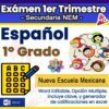 Gráfico promocional en color para un examen de español de 1º de Primaria, que muestra iconos de una hoja de respuestas, estudiantes hablando y una flor. Texto destacado: "Examen 1er Trimestre", "Secundaria NEM" y "Nueva Escuela Mexicana".
