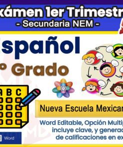 Gráfico promocional en color para un examen de español de 1º de Primaria, que muestra iconos de una hoja de respuestas, estudiantes hablando y una flor. Texto destacado: "Examen 1er Trimestre", "Secundaria NEM" y "Nueva Escuela Mexicana".