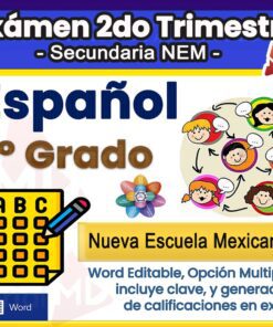 Imagen promocional de un examen de español de 1º curso, con texto sobre la Nueva Escuela Mexicana, iconos de una hoja de examen, alumnos charlando en una burbuja de pensamiento y notas sobre el formato Word editable y las opciones de calificación.