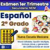 Portada de examen para español de 2º grado, con dibujos animados de estudiantes en un globo de diálogo, un icono de hoja de respuestas de opción múltiple y texto resaltado en formato Word editable para el plan de estudios de Nueva Escuela Mexicana.