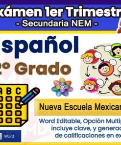 Portada de examen para español de 2º grado, con dibujos animados de estudiantes en un globo de diálogo, un icono de hoja de respuestas de opción múltiple y texto resaltado en formato Word editable para el plan de estudios de Nueva Escuela Mexicana.
