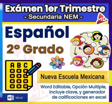 Portada de examen para español de 2º grado, con dibujos animados de estudiantes en un globo de diálogo, un icono de hoja de respuestas de opción múltiple y texto resaltado en formato Word editable para el plan de estudios de Nueva Escuela Mexicana.