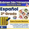 Colorido anuncio para un examen de español de 2º curso de "Nueva Escuela Mexicana". Incluye iconos: una hoja de examen, alumnos hablando y etiquetas resaltando formato Word editable, opción múltiple, clave de respuestas y calificación en Excel.
