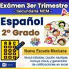 Colorida imagen promocional para un examen de español de 2º grado, con dibujos animados de estudiantes hablando, un icono de una hoja de respuestas del examen y texto sobre el plan de estudios de la Escuela Nueva Mexicana y formato Word editable.
