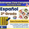 Imagen promocional para exámenes de español de 2º grado, con niños de caricatura, una lista de cotejo y texto resaltando formato Word editable, opción múltiple, clave de respuestas y generador de calificaciones para la Nueva Escuela Mexicana.
