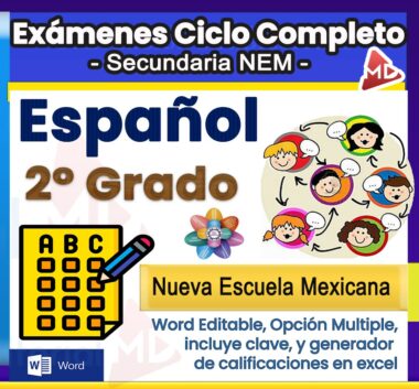 Imagen promocional para exámenes de español de 2º grado, con niños de caricatura, una lista de cotejo y texto resaltando formato Word editable, opción múltiple, clave de respuestas y generador de calificaciones para la Nueva Escuela Mexicana.