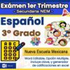 Banner para un examen de español de 3er grado de la Nueva Escuela Mexicana. Incluye iconos de una hoja de examen, burbujas de diálogo con niños y texto sobre formato Word editable, clave de respuestas y generador de calificaciones en Excel.