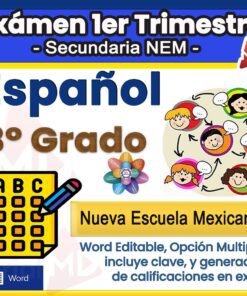 Banner para un examen de español de 3er grado de la Nueva Escuela Mexicana. Incluye iconos de una hoja de examen, burbujas de diálogo con niños y texto sobre formato Word editable, clave de respuestas y generador de calificaciones en Excel.