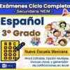 Imagen promocional de los exámenes de español de tercer grado, con coloridos iconos de estudiantes, una flor y una hoja de respuestas de opción múltiple. El texto destaca que los exámenes corresponden al plan de estudios de la Nueva Escuela Mexicana.