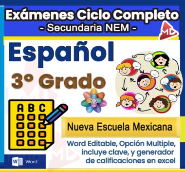 Imagen promocional de los exámenes de español de tercer grado, con coloridos iconos de estudiantes, una flor y una hoja de respuestas de opción múltiple. El texto destaca que los exámenes corresponden al plan de estudios de la Nueva Escuela Mexicana.