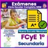 Una niña escribe en su escritorio en un aula. El texto a su alrededor promueve materiales editables para el examen "FCyE 1° de Secundaria", alineado con la Nueva Escuela Mexicana, con claves de respuestas y una herramienta de calificación.