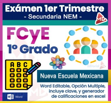 Gráfico digital para un examen de primer grado de secundaria en FCyE (Formación Cívica y Ética), presenta íconos de una hoja scantron, lápiz, personas diversas y texto relacionado con la escuela para la Nueva Escuela Mexicana.