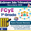 Imagen promocional colorida para un examen de 1er grado de secundaria en FCyE, con íconos de un lápiz, una hoja de respuestas, un grupo de personas y texto sobre la Nueva Escuela Mexicana y formato Word editable.