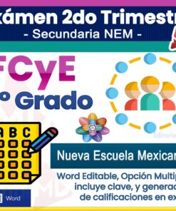 Imagen promocional colorida para un examen de 1er grado de secundaria en FCyE, con íconos de un lápiz, una hoja de respuestas, un grupo de personas y texto sobre la Nueva Escuela Mexicana y formato Word editable.