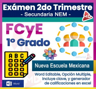 Imagen promocional colorida para un examen de 1er grado de secundaria en FCyE, con íconos de un lápiz, una hoja de respuestas, un grupo de personas y texto sobre la Nueva Escuela Mexicana y formato Word editable.