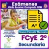 Una niña escribe en su escritorio en un aula. El texto promueve exámenes editables para "Nueva Escuela Mexicana" de 2.º de secundaria, Ética, Naturaleza y Sociedades, con opciones de opción múltiple y generador de calificaciones.