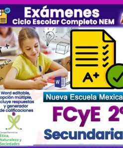 Una niña escribe en su escritorio en un aula. El texto promueve exámenes editables para "Nueva Escuela Mexicana" de 2.º de secundaria, Ética, Naturaleza y Sociedades, con opciones de opción múltiple y generador de calificaciones.
