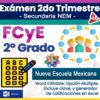 Portada colorida para el examen de Educación Cívica y Ética de 2.º grado, con iconos de una hoja de examen, un bolígrafo, estudiantes y el logotipo de New Mexican School. El texto resalta el formato Word editable y las funciones de autocalificación.