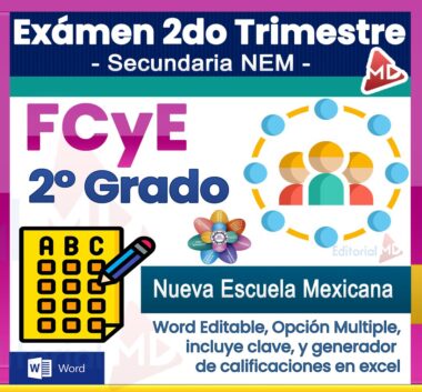 Portada colorida para el examen de Educación Cívica y Ética de 2.º grado, con iconos de una hoja de examen, un bolígrafo, estudiantes y el logotipo de New Mexican School. El texto resalta el formato Word editable y las funciones de autocalificación.