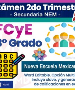Imagen de portada para una guía de examen FCyE de 3er grado, que presenta íconos coloridos de estudiantes, una hoja de respuestas de opción múltiple con un lápiz y etiquetas que indican que es editable, incluye una clave de respuestas y es para escuelas mexicanas.