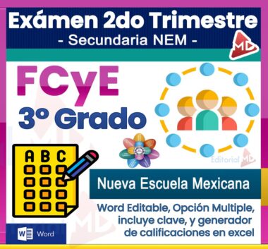 Imagen de portada para una guía de examen FCyE de 3er grado, que presenta íconos coloridos de estudiantes, una hoja de respuestas de opción múltiple con un lápiz y etiquetas que indican que es editable, incluye una clave de respuestas y es para escuelas mexicanas.