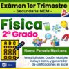 Colorida portada para un examen de física de 2º grado para "Nueva Escuela Mexicana", con iconos de ciencias, símbolo de examen de opción múltiple y texto que resalta que es editable en Word y genera calificaciones en Excel.