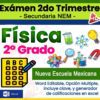 Colorida portada para un examen de física de 2º grado, con iconos científicos como un vaso de precipitados, un átomo y un microscopio. El texto destaca la opción múltiple, la clave de respuestas y la calificación en Excel para Nueva Escuela Mexicana.