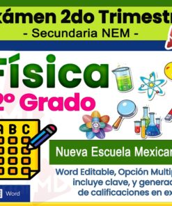 Colorida portada para un examen de física de 2º grado, con iconos científicos como un vaso de precipitados, un átomo y un microscopio. El texto destaca la opción múltiple, la clave de respuestas y la calificación en Excel para Nueva Escuela Mexicana.
