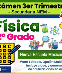 Imagen de portada para un examen de física de 2º de secundaria. Aparecen coloridos iconos de artículos científicos y un formulario de examen, con texto sobre opción múltiple, clave de respuestas, formato Word editable y generador de calificaciones en Excel.