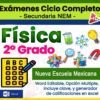 Colorido gráfico educativo para un examen de física de 2º grado, con iconos de temática científica, texto sobre la Nueva Escuela Mexicana y detalles sobre un archivo Word editable con opciones de opción múltiple y calificación.