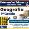 Gráfico promocional para un examen de geografía de primer grado, que presenta un globo terráqueo, una hoja de prueba, una flor de color y texto sobre la "Nueva Escuela Mexicana" con funciones editables de Word, opción múltiple, clave de respuestas y calificación de Excel.
