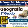 Imagen de portada para un examen de geografía de primer grado, con un globo terráqueo, libros e íconos para documentos de Word de opción múltiple y editables. El texto destaca que el examen es para la escuela secundaria NEM y sigue el currículo de la Escuela de Nuevo México.