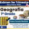 Examen del 3er trimestre de Geografía para 1° de secundaria, Nueva Escuela Mexicana; Incluye opción múltiple, clave, generador de calificaciones en Excel y archivo editable en Word. Hay imágenes de globo terráqueo y hoja de respuestas.