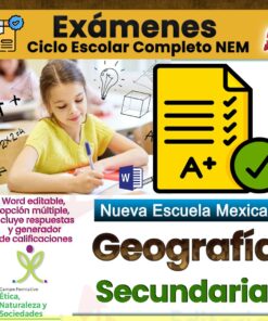 Una niña escribe en un salón de clases, rodeada de gráficos relacionados con los exámenes. Texto destacado 