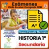 Una niña escribe en un aula. La imagen incluye iconos de documentos con una calificación de "A+", el logotipo de Microsoft Word y texto que promueve exámenes de historia editables para estudiantes de primer año de secundaria en el sistema Nueva Escuela Mexicana.